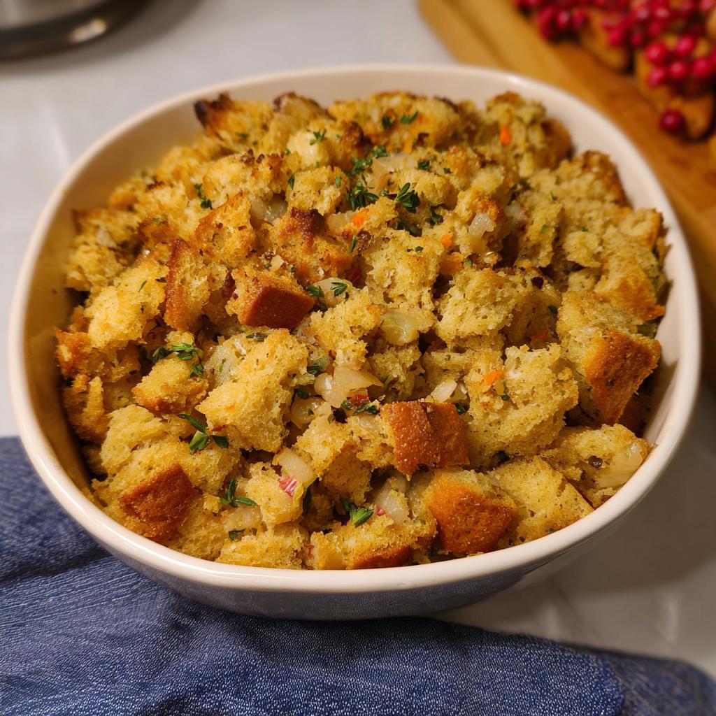 A close-up of a bowl filled with golden brown homemade stuffing, featuring chunks of bread, onions, and herbs.