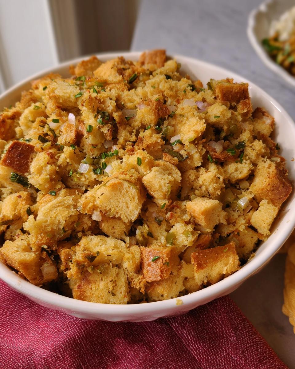 A close-up of a white bowl filled with delicious homemade stuffing, featuring bread cubes, herbs, and chopped vegetables.