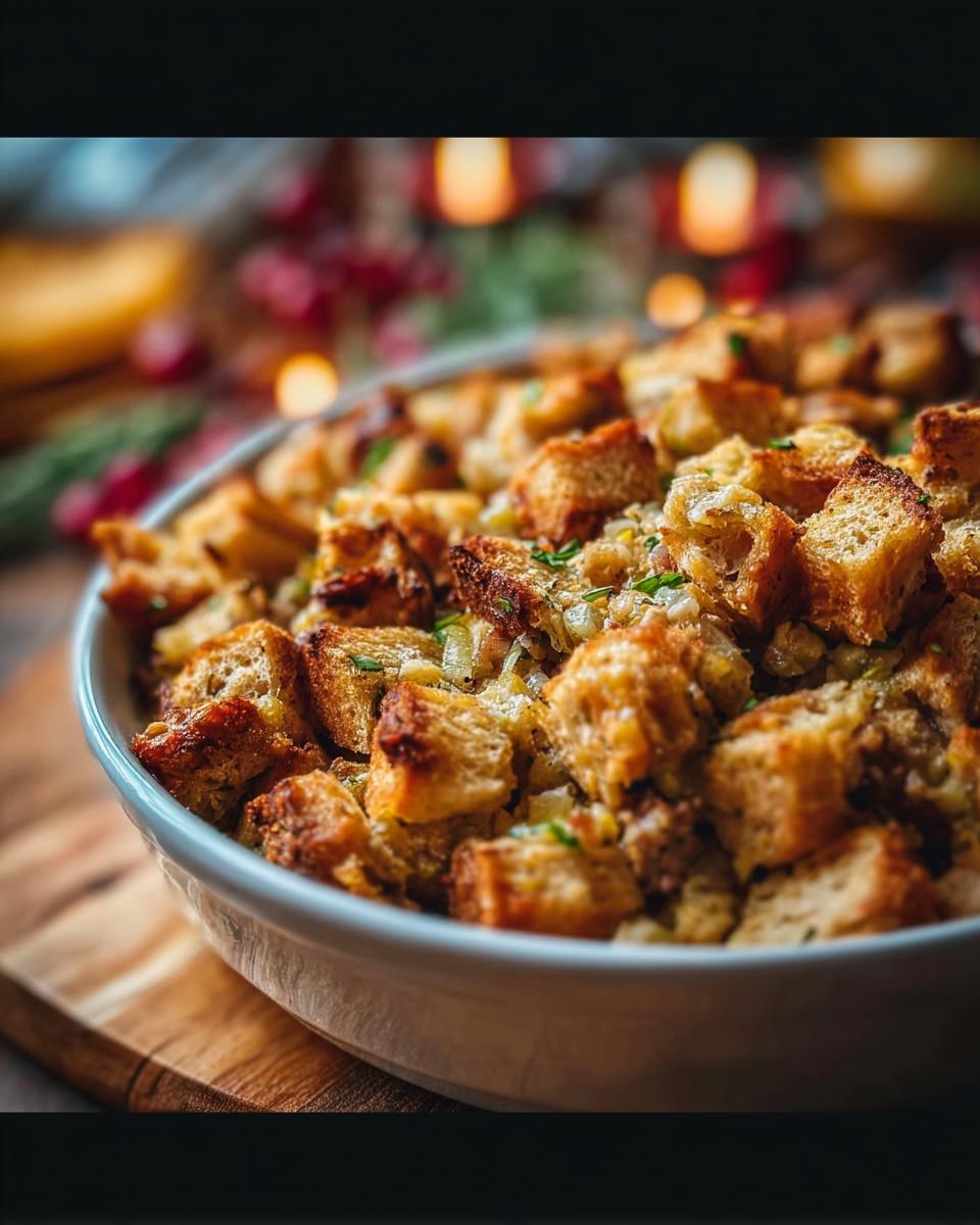 Close-up of a bowl filled with golden-brown, homemade stuffing, a perfect addition to any holiday meal.