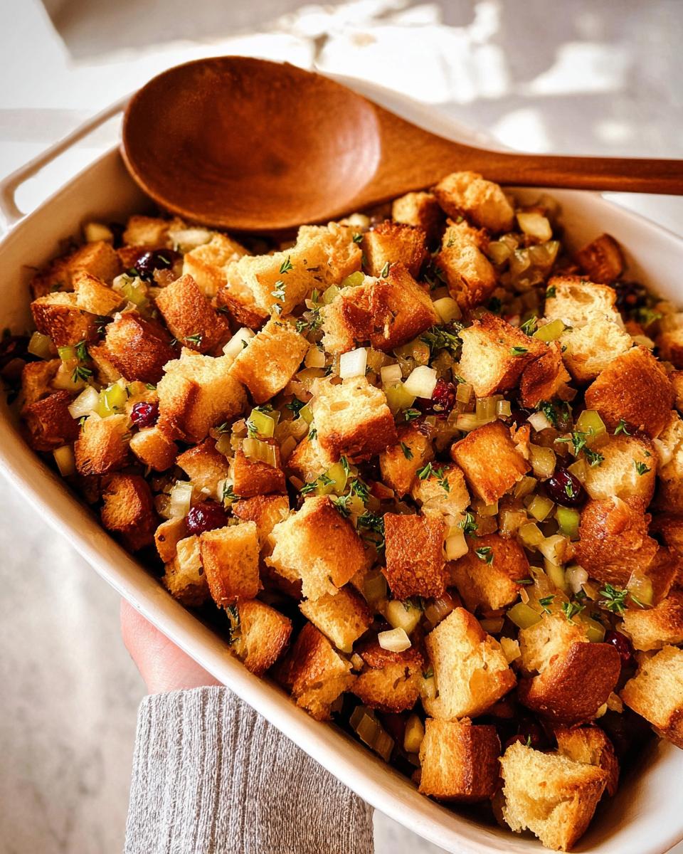 A close-up of a white baking dish filled with golden-brown stuffing, featuring cubes of bread, dried cranberries, and herbs.