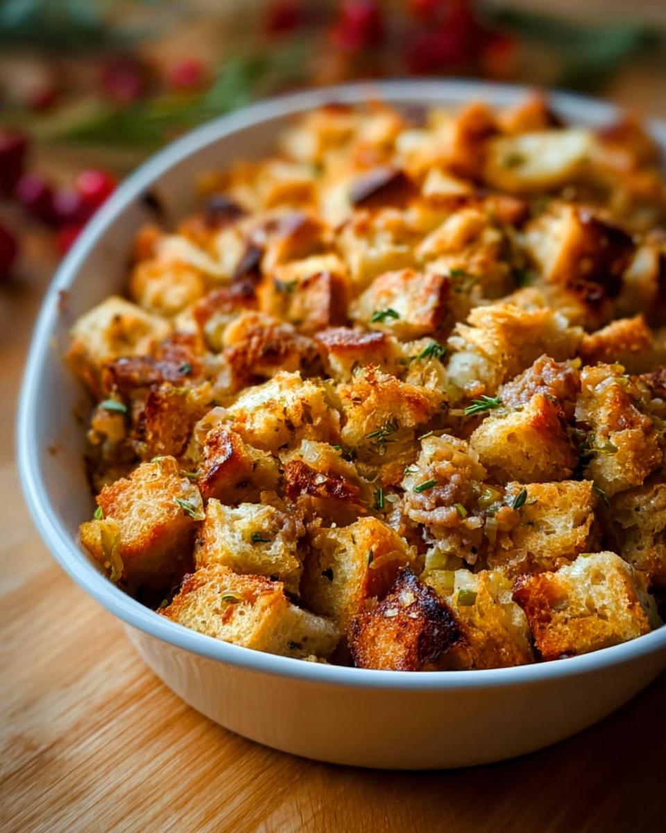 Close-up of a white baking dish filled with golden-brown homemade stuffing, featuring cubes of bread and herbs.
