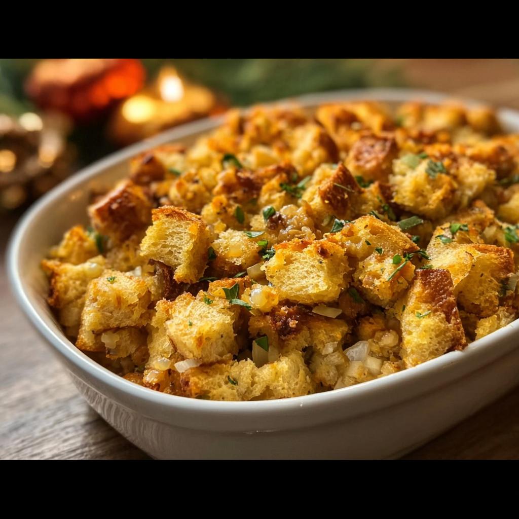 A close-up of a white baking dish filled with golden-brown homemade stuffing, garnished with fresh parsley. This is a classic stuffing recipe.