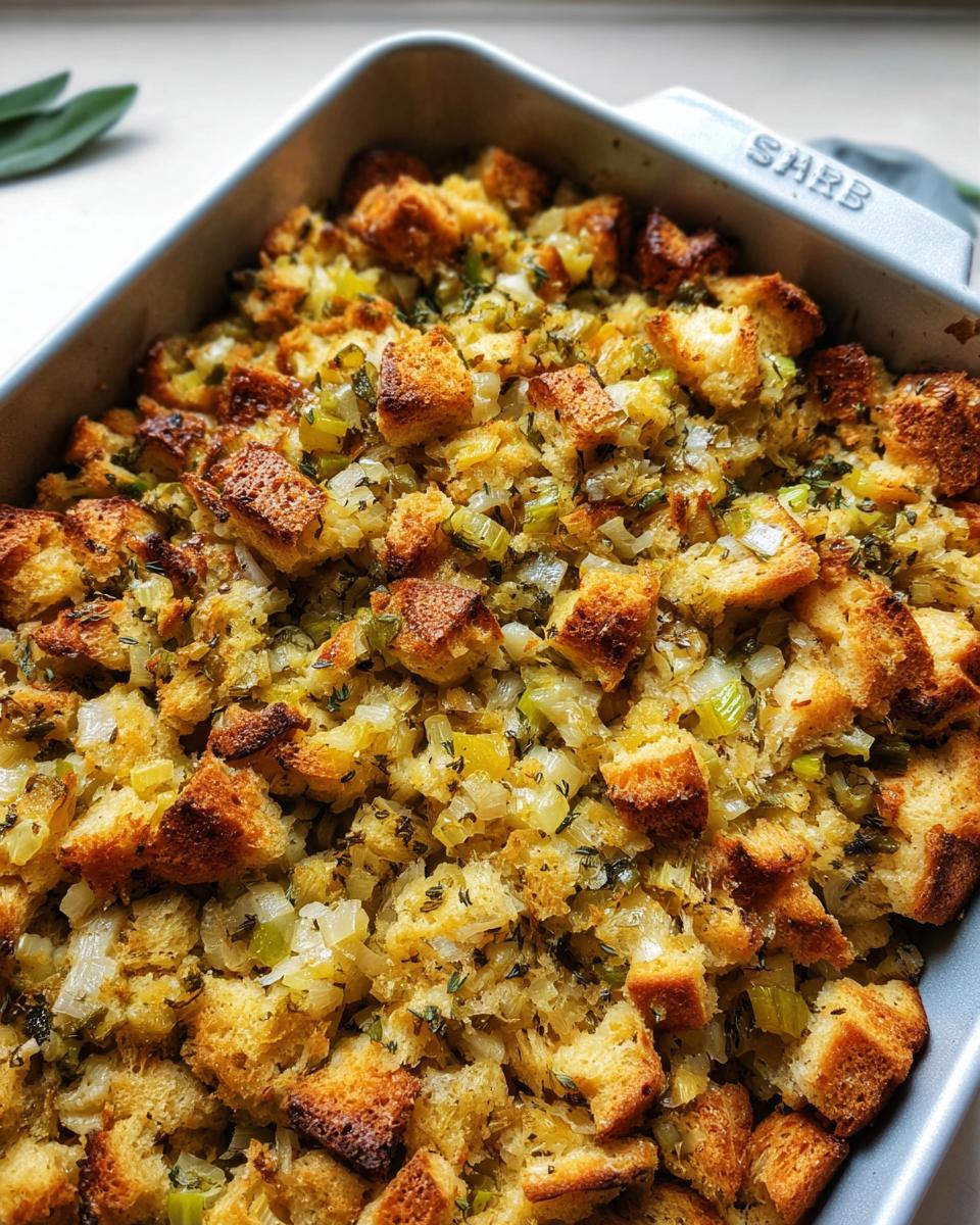 Close-up of a baking dish filled with homemade stuffing, featuring toasted bread cubes, celery, and herbs.