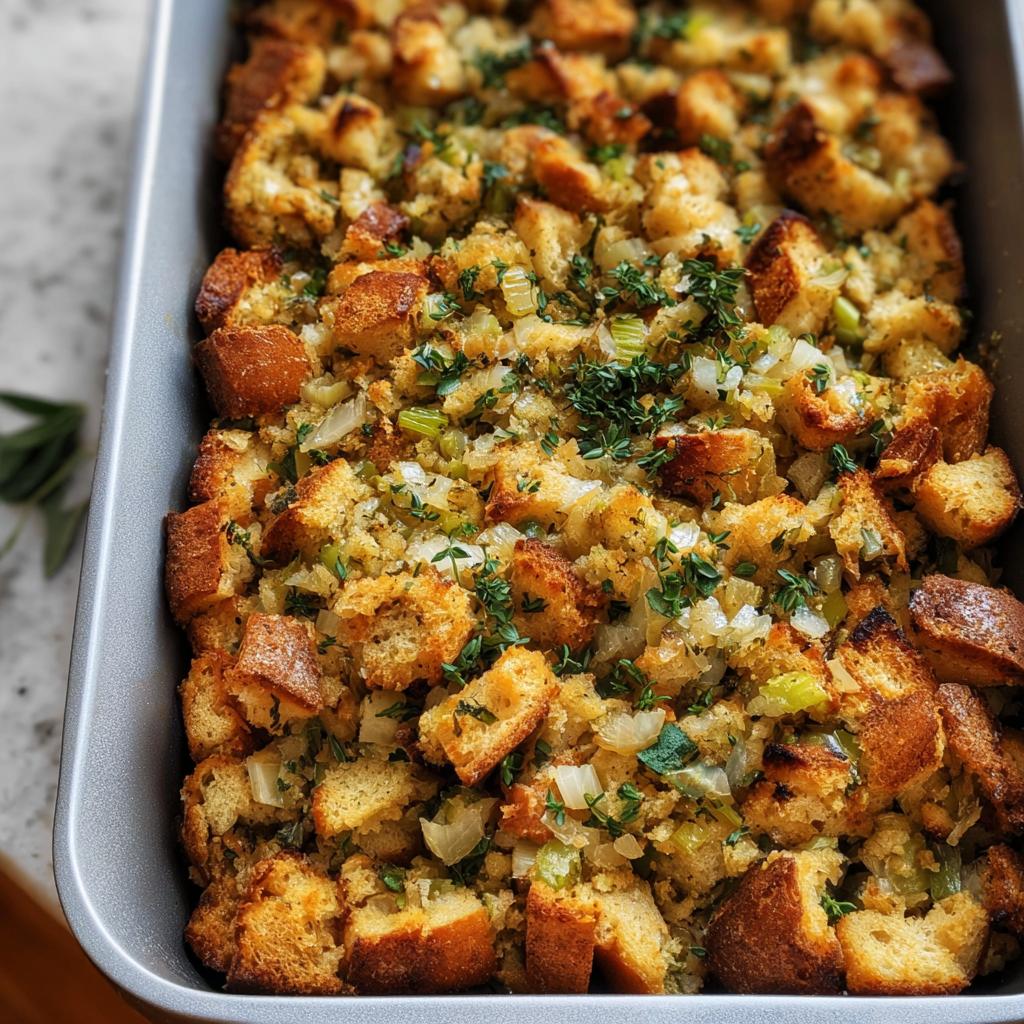 Close-up of a baking dish filled with homemade stuffing, featuring toasted bread cubes, celery, and herbs.