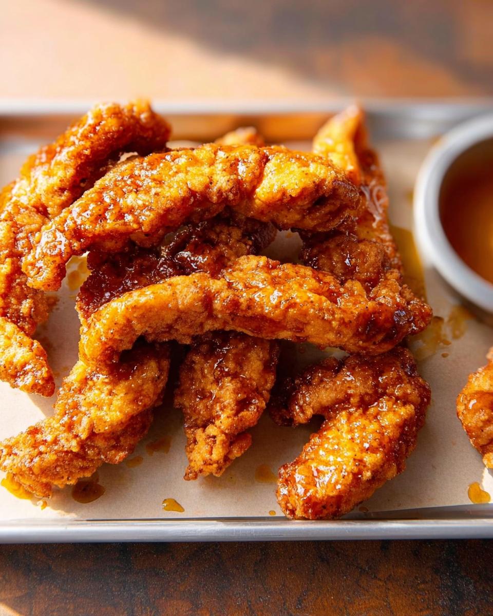 Close-up of crispy, golden-brown chicken strips coated in a glossy honey glaze, part of restaurant-style chicken recipes at home.