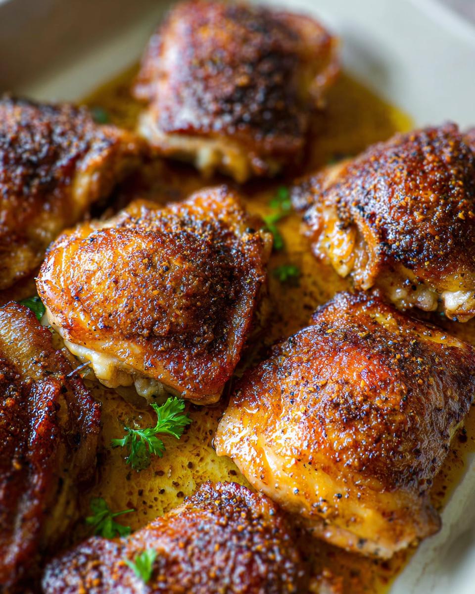 Close-up of perfectly roasted chicken thighs with crispy, seasoned skin, nestled in a savory sauce and garnished with parsley.