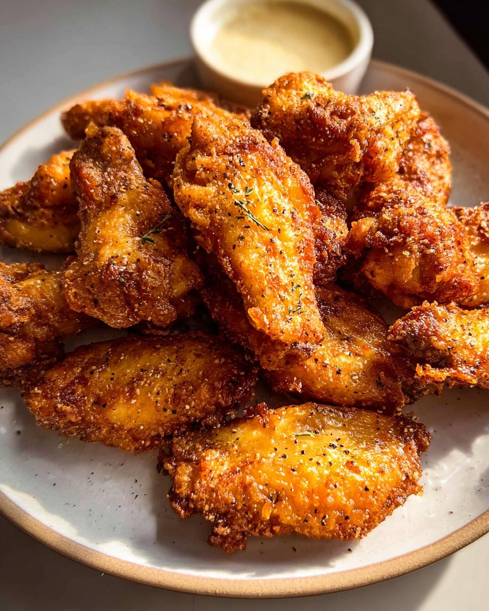 A plate of perfectly cooked, crispy chicken wings seasoned with herbs and spices, ready to be enjoyed.