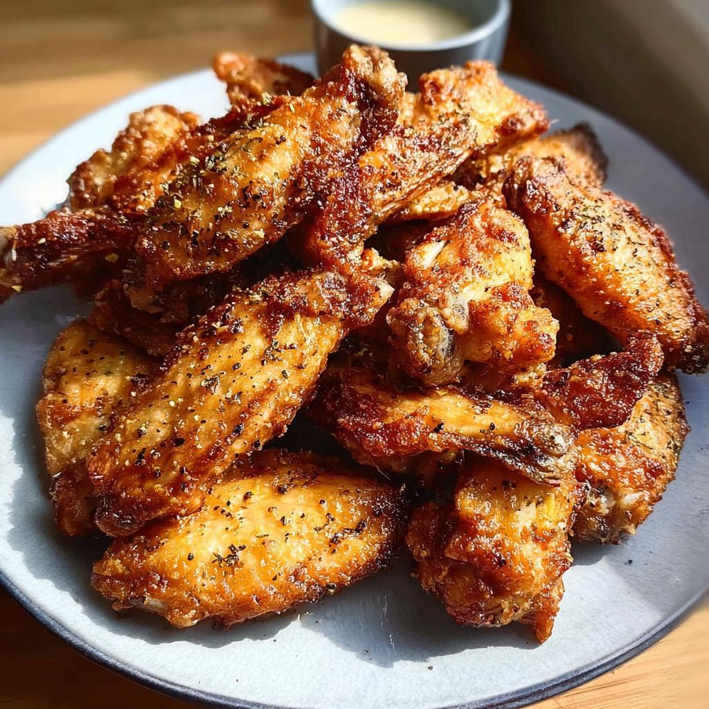 A plate full of perfectly cooked, crispy chicken wings seasoned with herbs and spices, ready to be enjoyed.