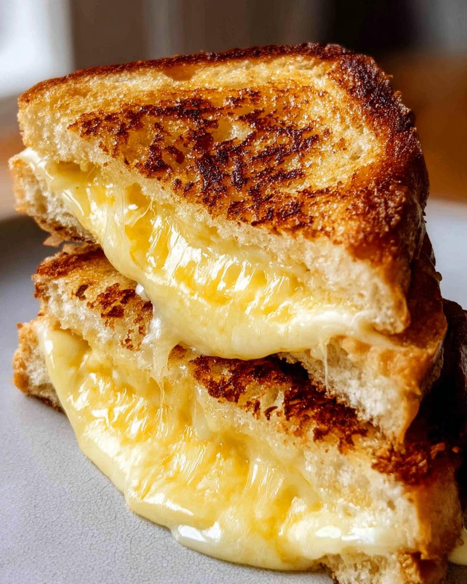A close-up of a perfectly grilled cheese sandwich with gooey, melted cheese oozing out.