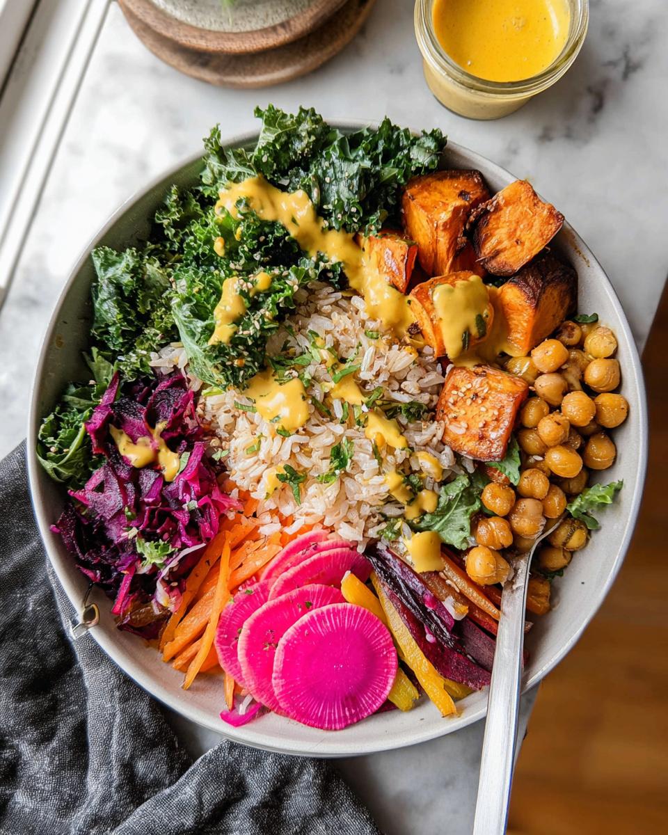 A vibrant and healthy rice bowl recipe featuring brown rice, kale, sweet potatoes, chickpeas, and colorful pickled vegetables.