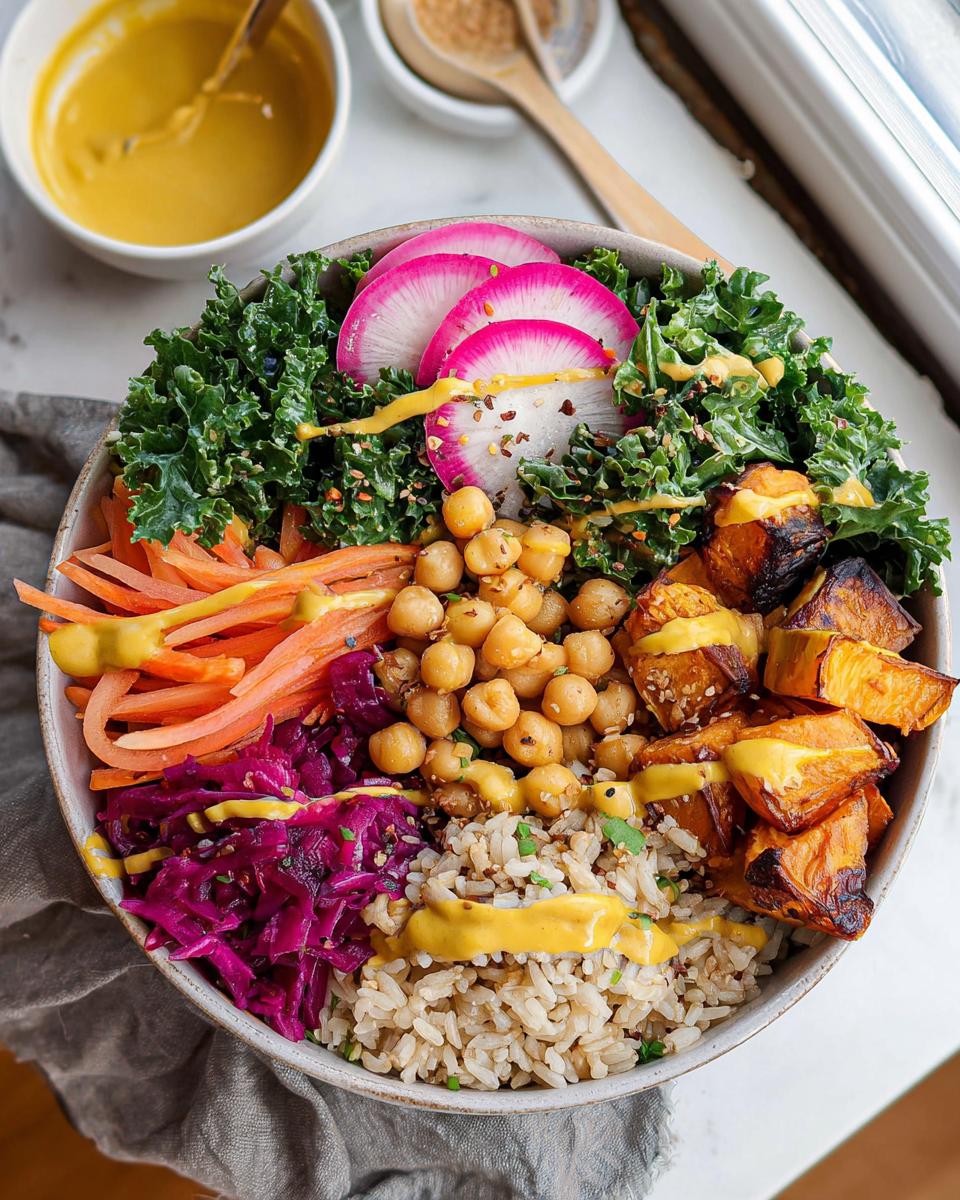 A colorful and healthy rice bowl recipe with brown rice, roasted sweet potatoes, chickpeas, shredded carrots, red cabbage, kale, and radishes, drizzled with dressing.