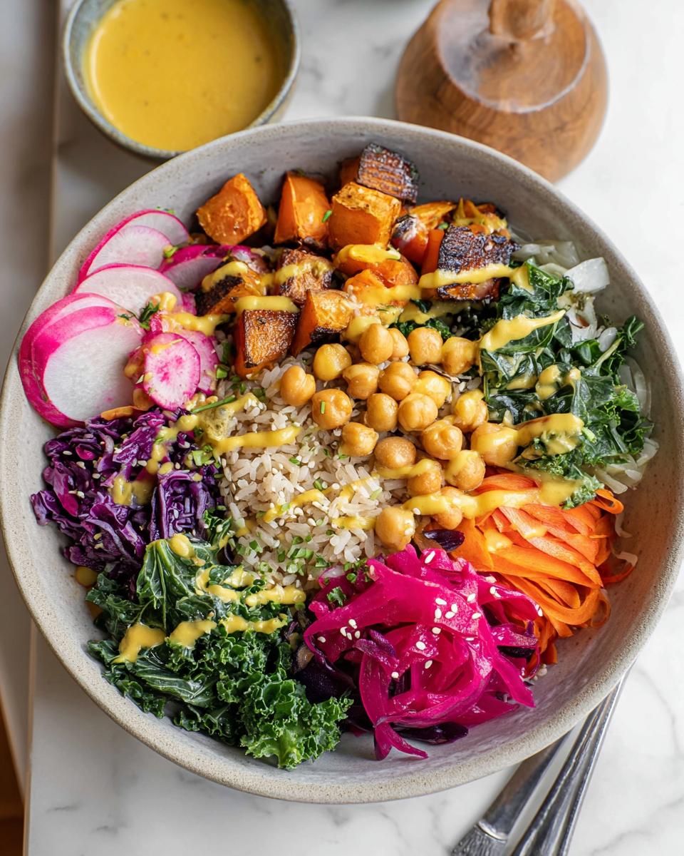 A vibrant and healthy rice bowl recipe featuring brown rice, roasted sweet potatoes, chickpeas, kale, red cabbage, radishes, and shredded carrots, drizzled with a yellow dressing.