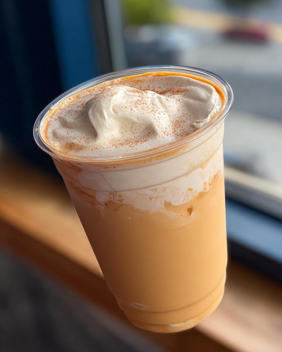Close-up of an iced coffee with whipped cream and cinnamon, perfect for Starbucks drinks recipes at home.