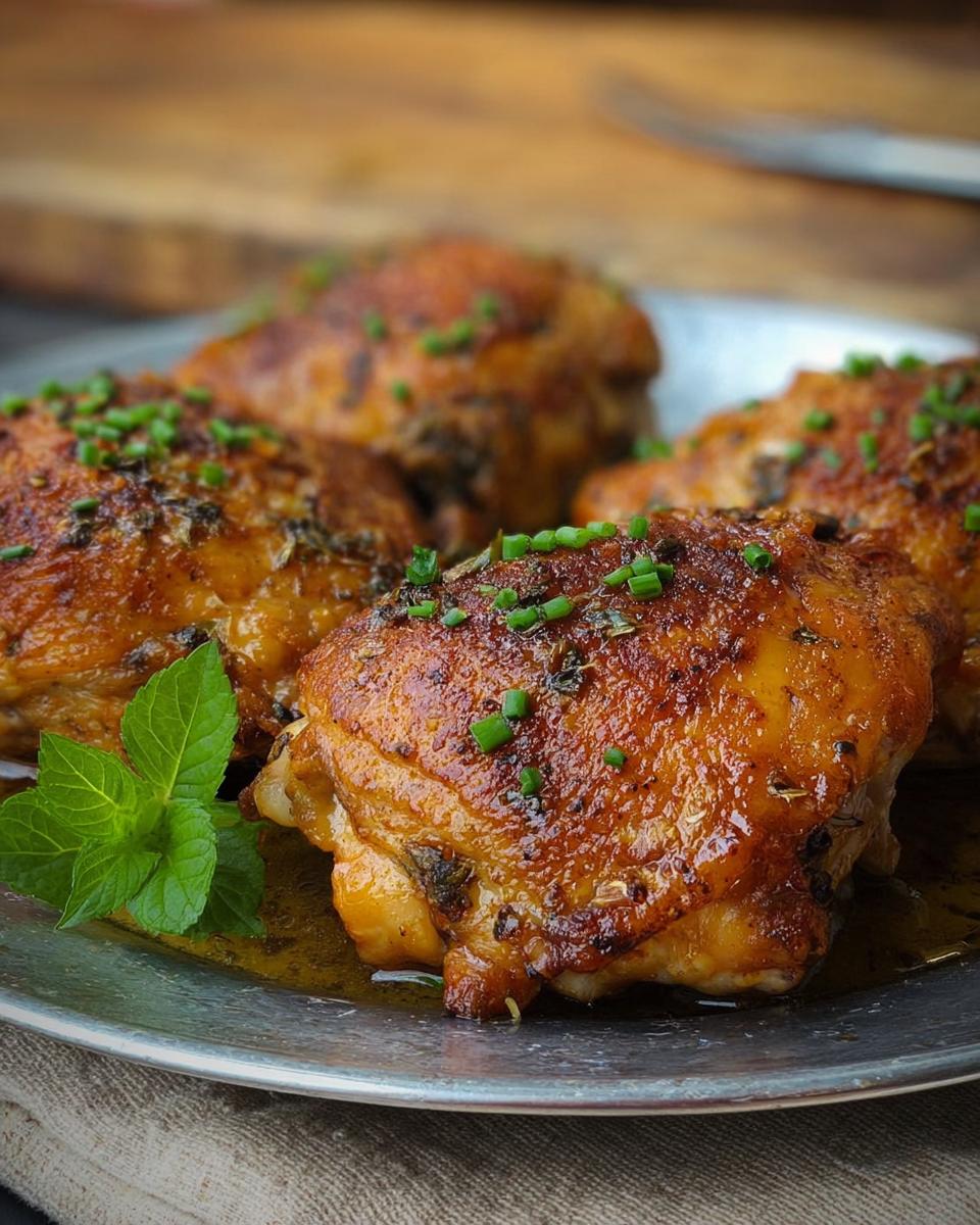 Close-up of four golden-brown, juicy chicken thighs seasoned with herbs and chives, served on a platter.