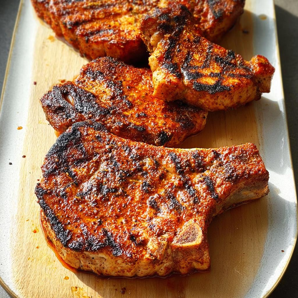 Close-up of perfectly grilled pork chops with grill marks and a flavorful spice rub.