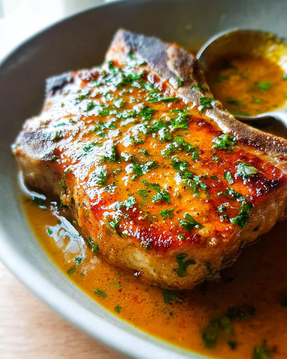 Close-up of a perfectly cooked, juicy pork chop smothered in a rich, savory sauce and sprinkled with fresh herbs.