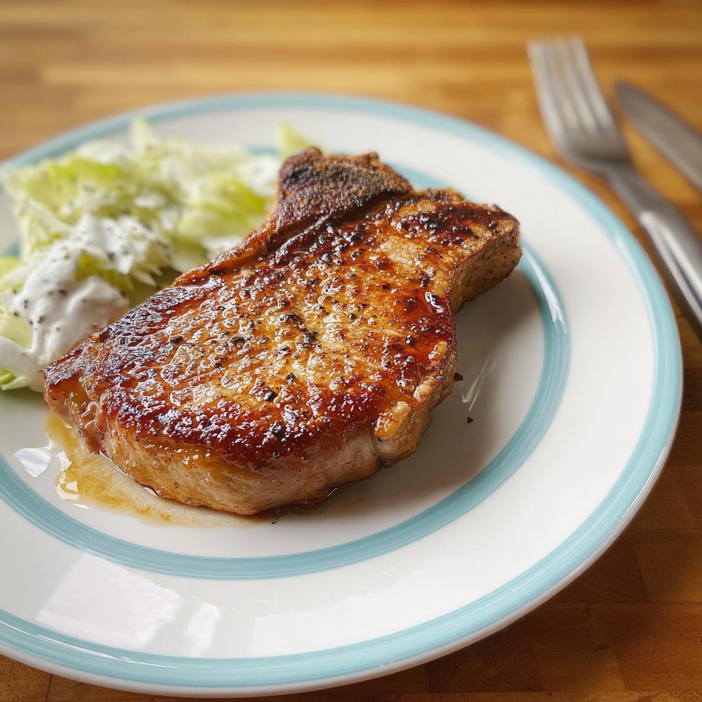 A perfectly cooked juicy pork chop served with a side of fresh salad and dressing.