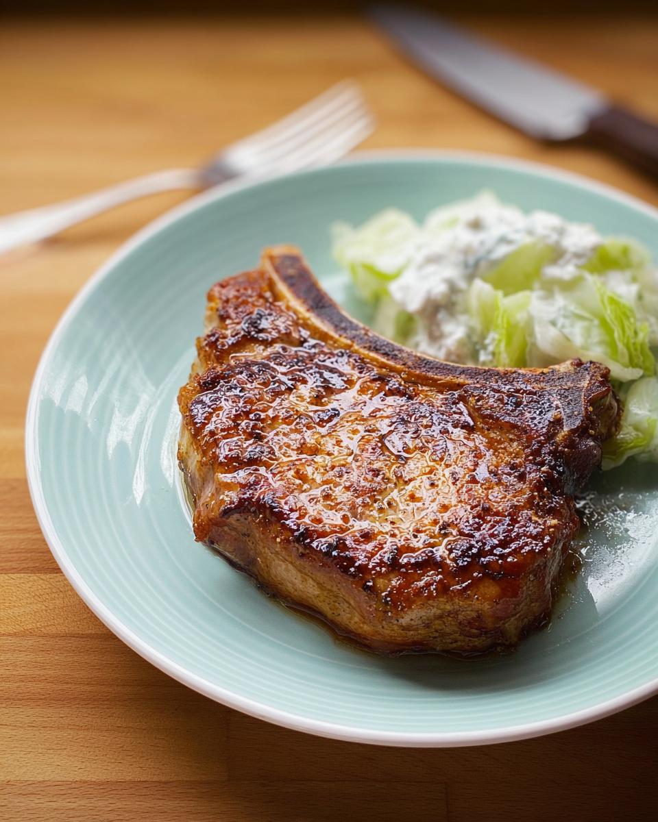 A perfectly cooked, juicy pork chop with a glistening glaze, served with a side of salad.
