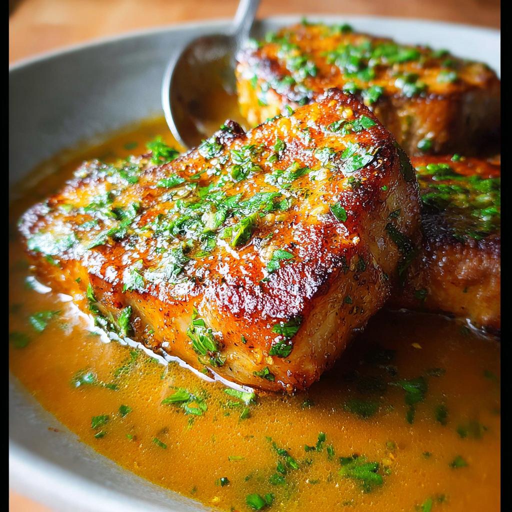 Close-up of juicy pork chops in a savory sauce, garnished with fresh parsley. The Ultimate Pork Chops Recipes Guide for Beginners.