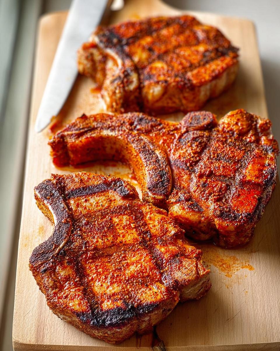 Three thick-cut, seasoned pork chops with grill marks, resting on a wooden cutting board.