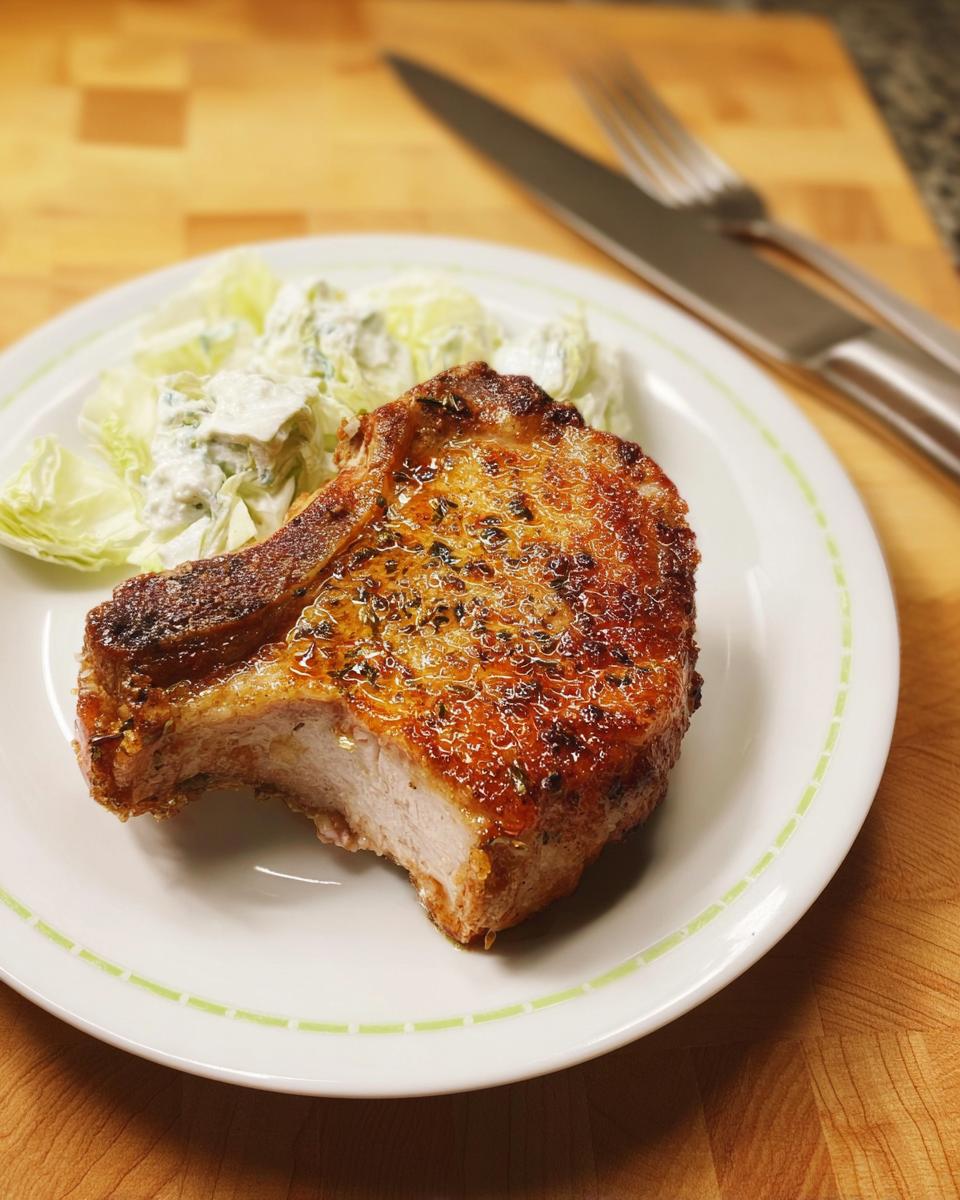 A perfectly cooked juicy pork chop served with a side of creamy coleslaw on a white plate.