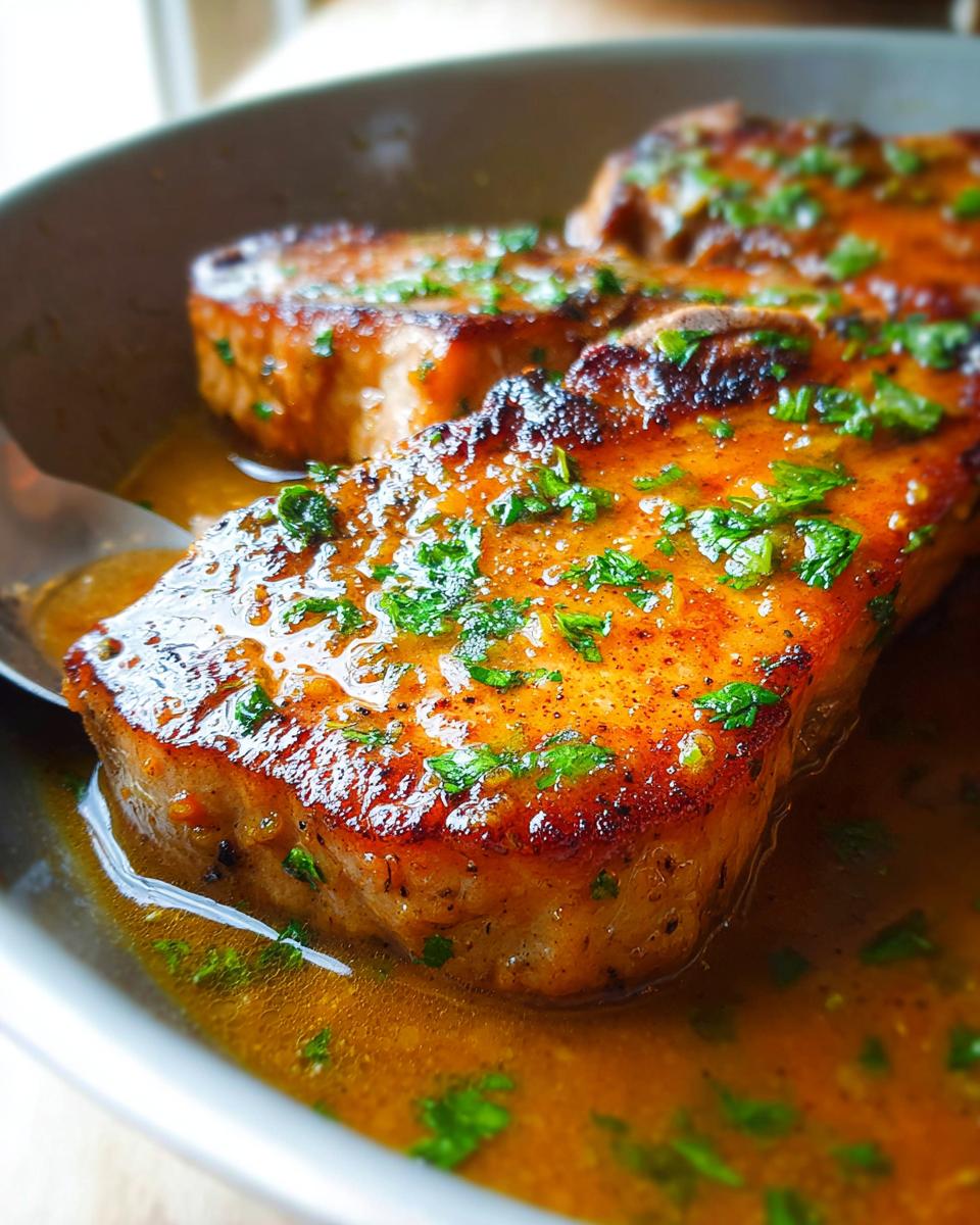 Close-up of juicy pork chops bathed in a rich, savory sauce and sprinkled with fresh parsley.