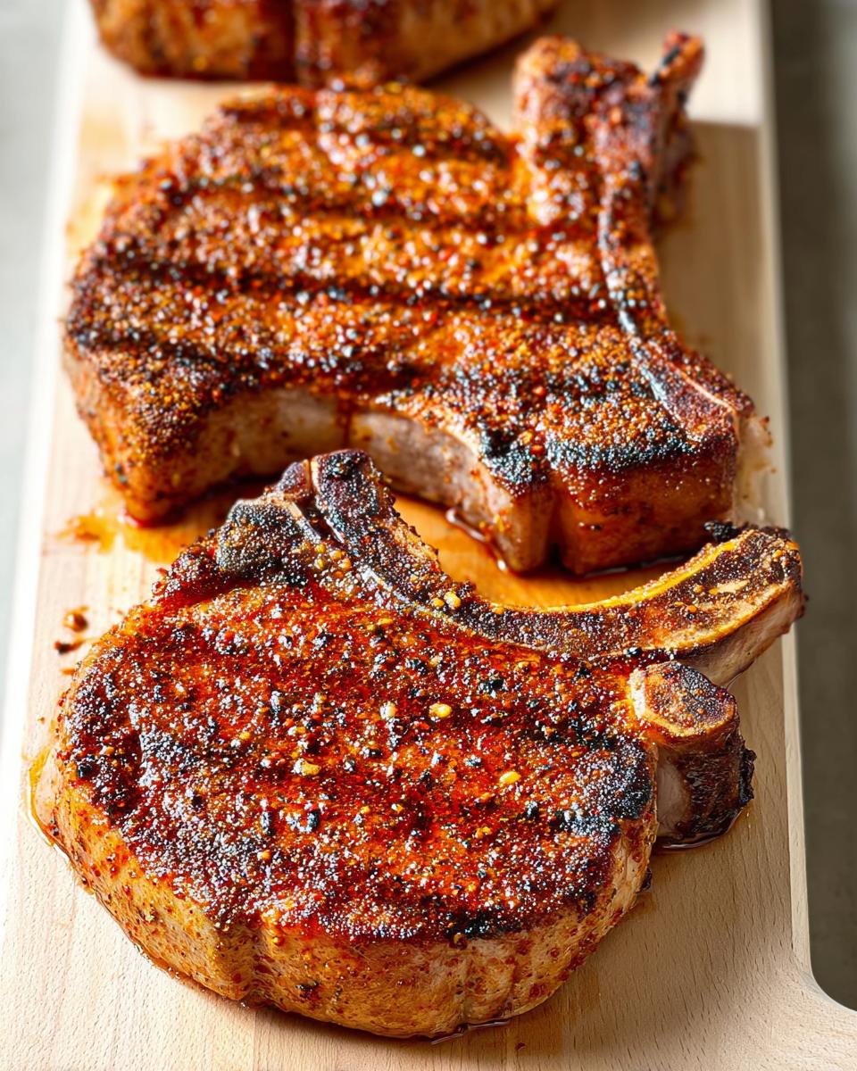 Close-up of two juicy, seasoned pork chops on a wooden cutting board, ready to be served.