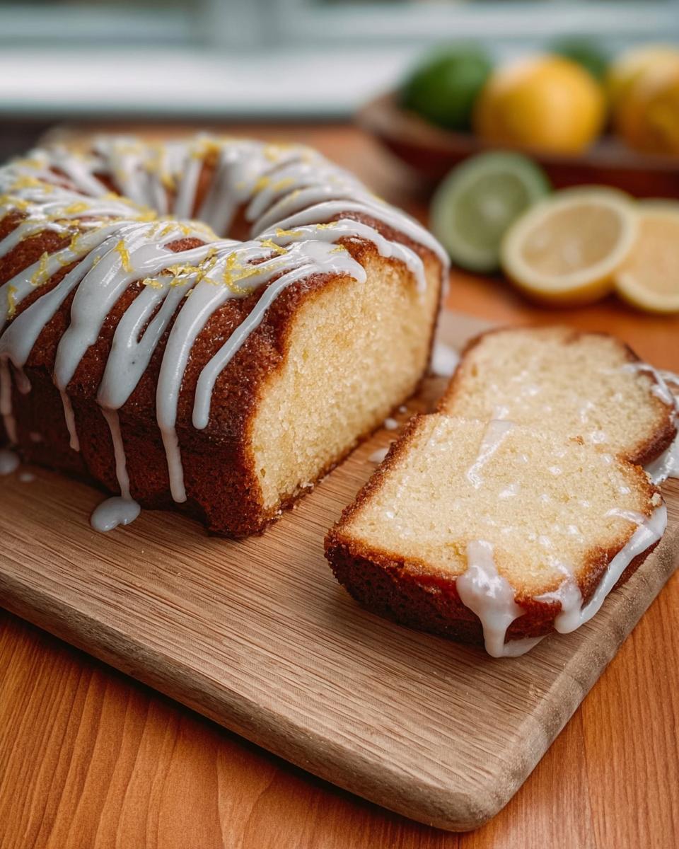 A delicious lemon bundt cake with white glaze and lemon zest, sliced on a wooden board. Perfect for cake craving ideas.
