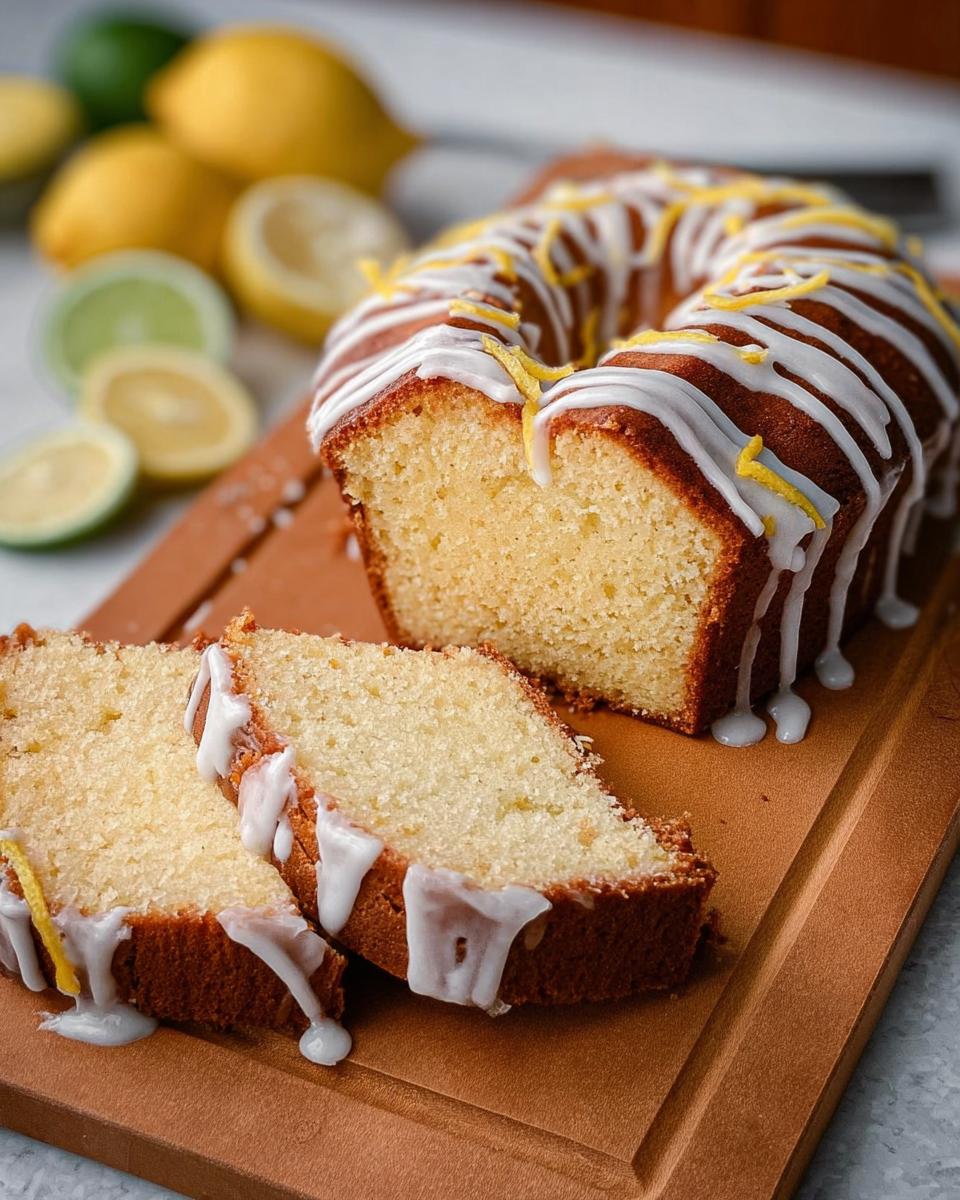 A slice of lemon bundt cake drizzled with white icing and topped with lemon zest, perfect for cake craving ideas.