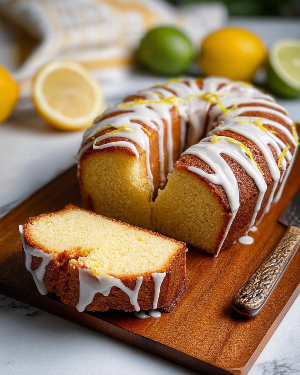 A slice of moist lemon bundt cake with white glaze and lemon zest, perfect for cake craving ideas recipes.