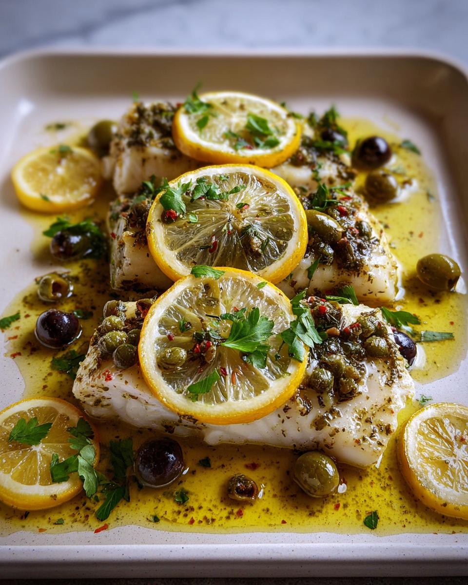 Lemon caper fish fillets topped with lemon slices, capers, and parsley, served with olives.