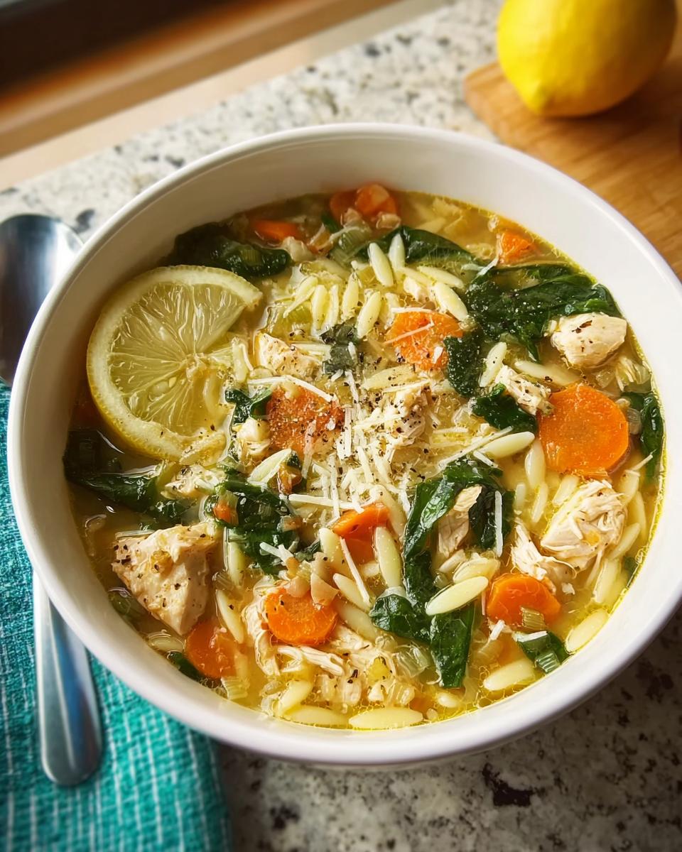 A bowl of hearty lemon chicken orzo soup with carrots, spinach, and a lemon slice, perfect for restaurant-style soup recipes at home.