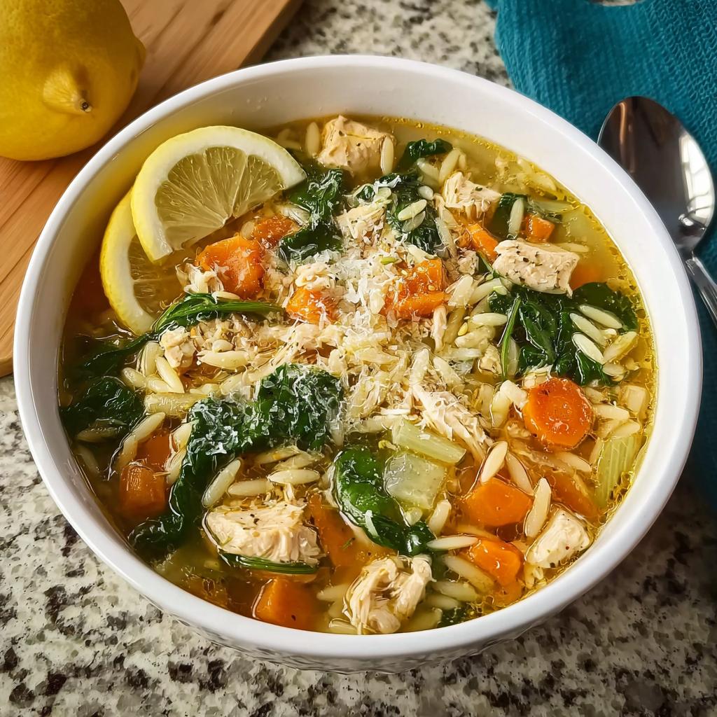 A bowl of restaurant-style lemon chicken orzo soup with carrots, spinach, and lemon slices.