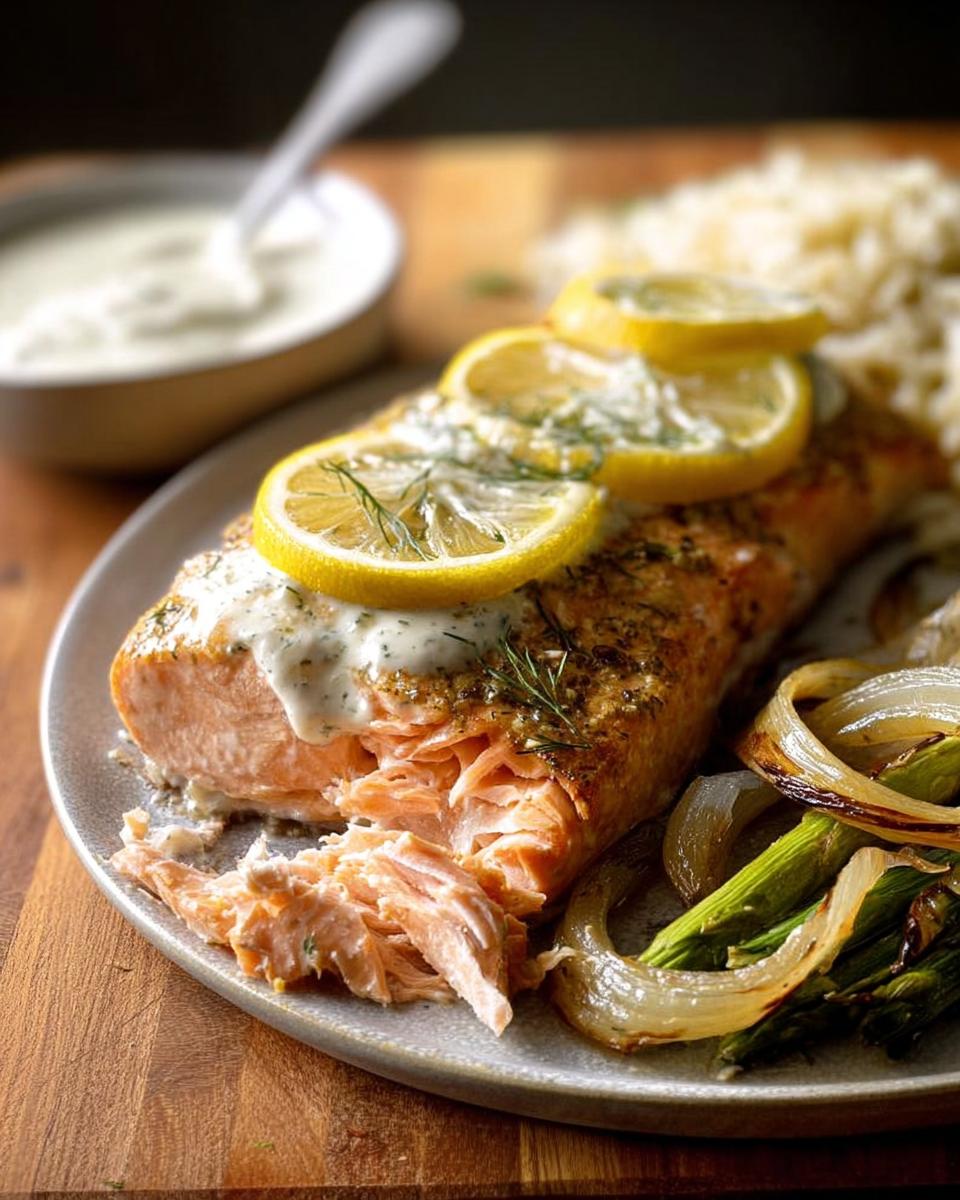 A flaky salmon fillet topped with lemon slices and dill, served with roasted vegetables and rice. A perfect salmon recipe for busy weeknights.