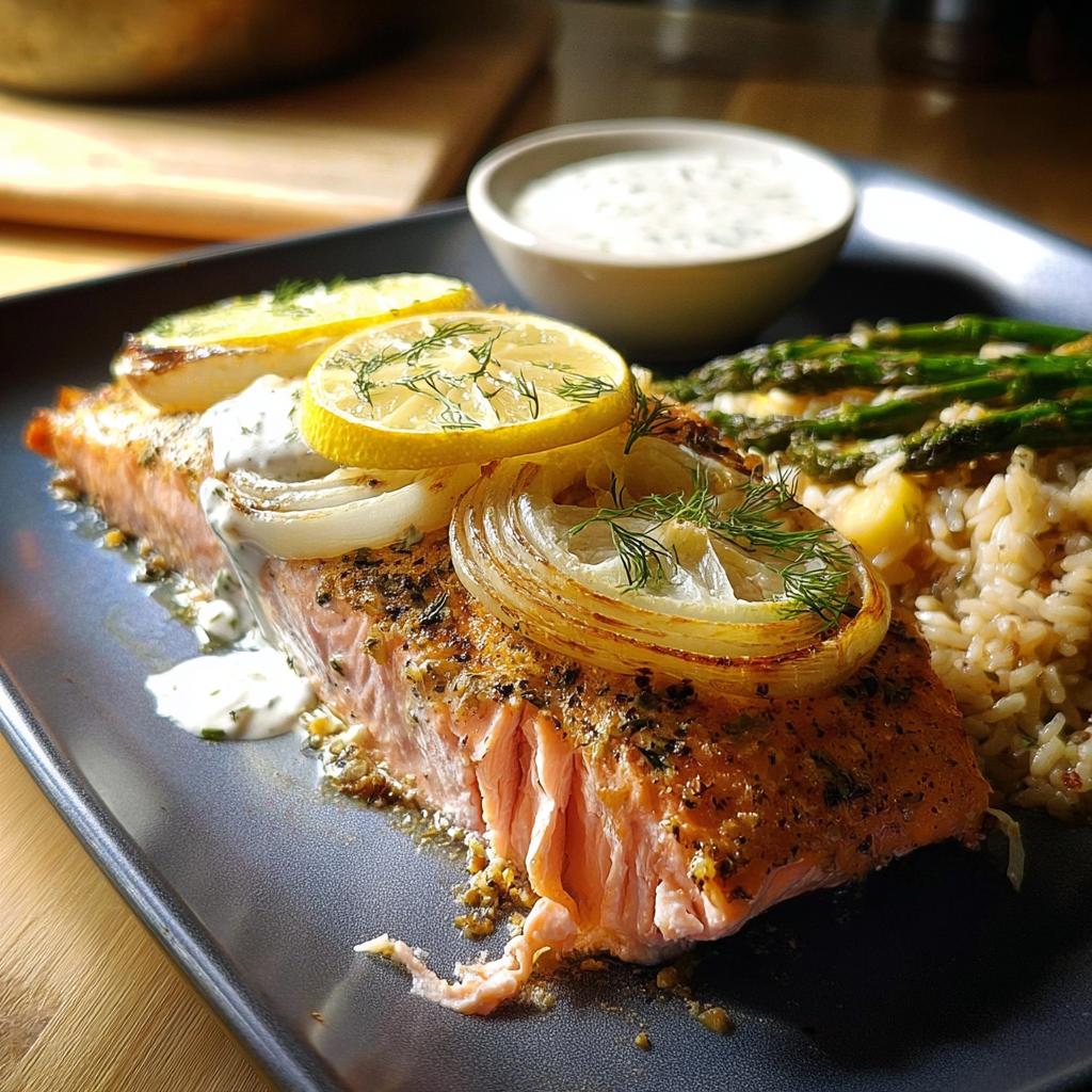 A perfectly cooked salmon fillet topped with lemon slices, onion rings, and fresh dill, served with rice and asparagus. A delicious salmon recipe idea.