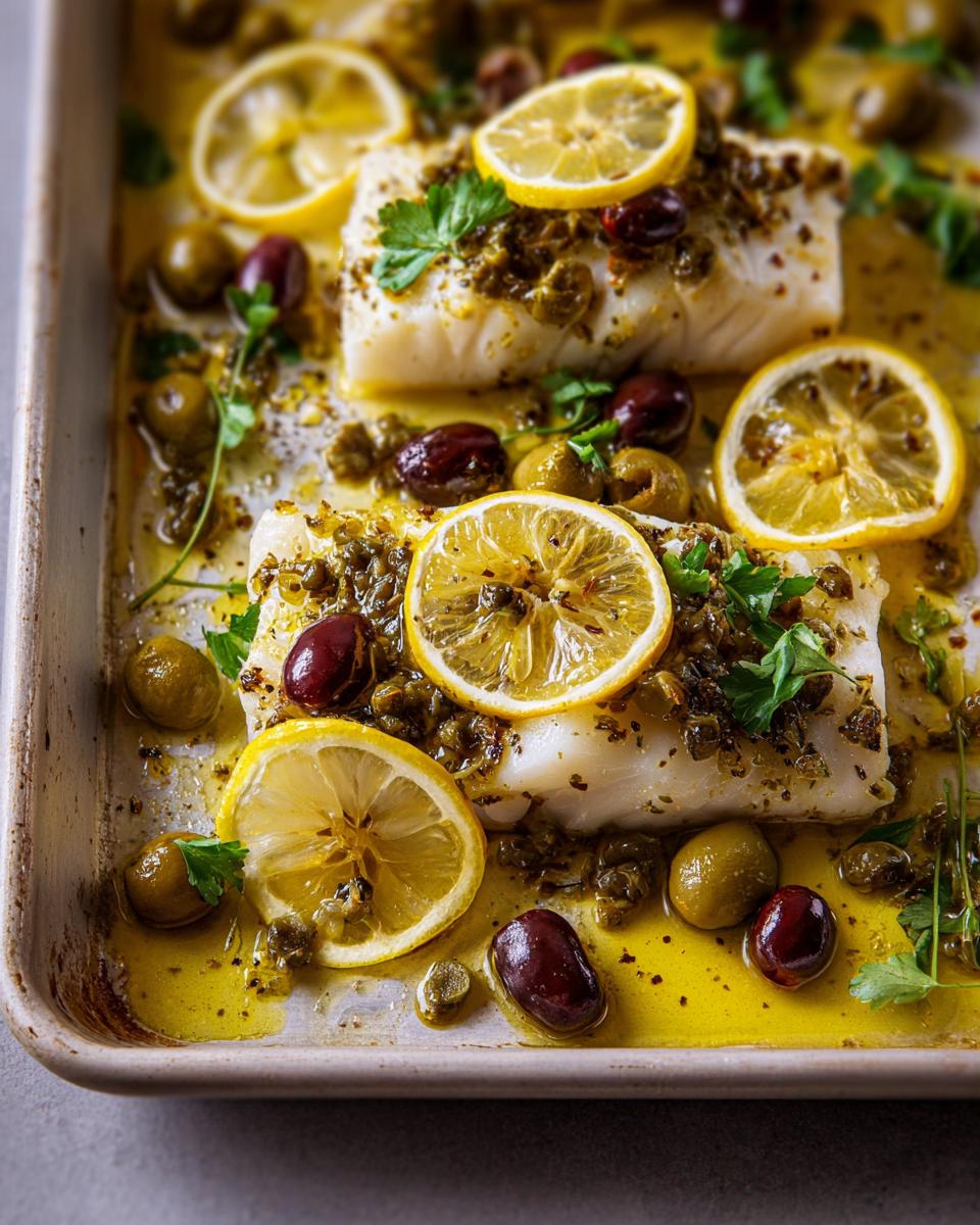 Two fillets of baked white fish topped with lemon slices, olives, capers, and herbs in a baking dish.