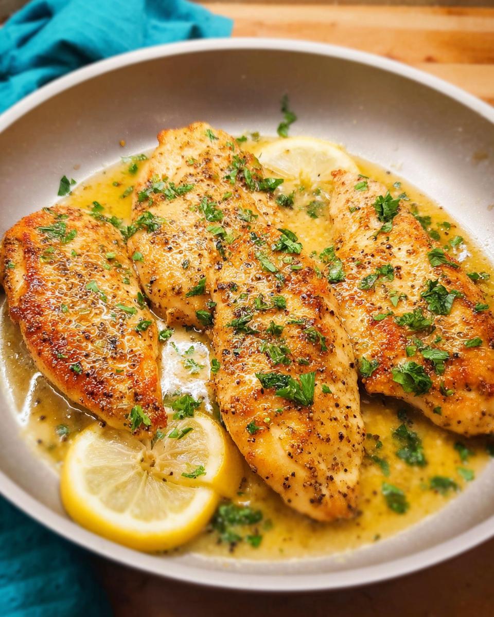 Pan-seared chicken breasts with lemon slices and fresh parsley, a quick and healthy meal idea.