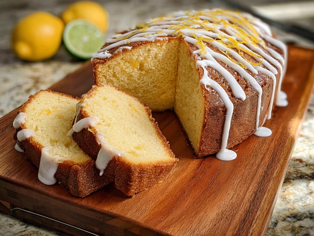 A delicious lemon loaf cake with white icing and lemon zest, sliced on a wooden board. Perfect for cake cravings.
