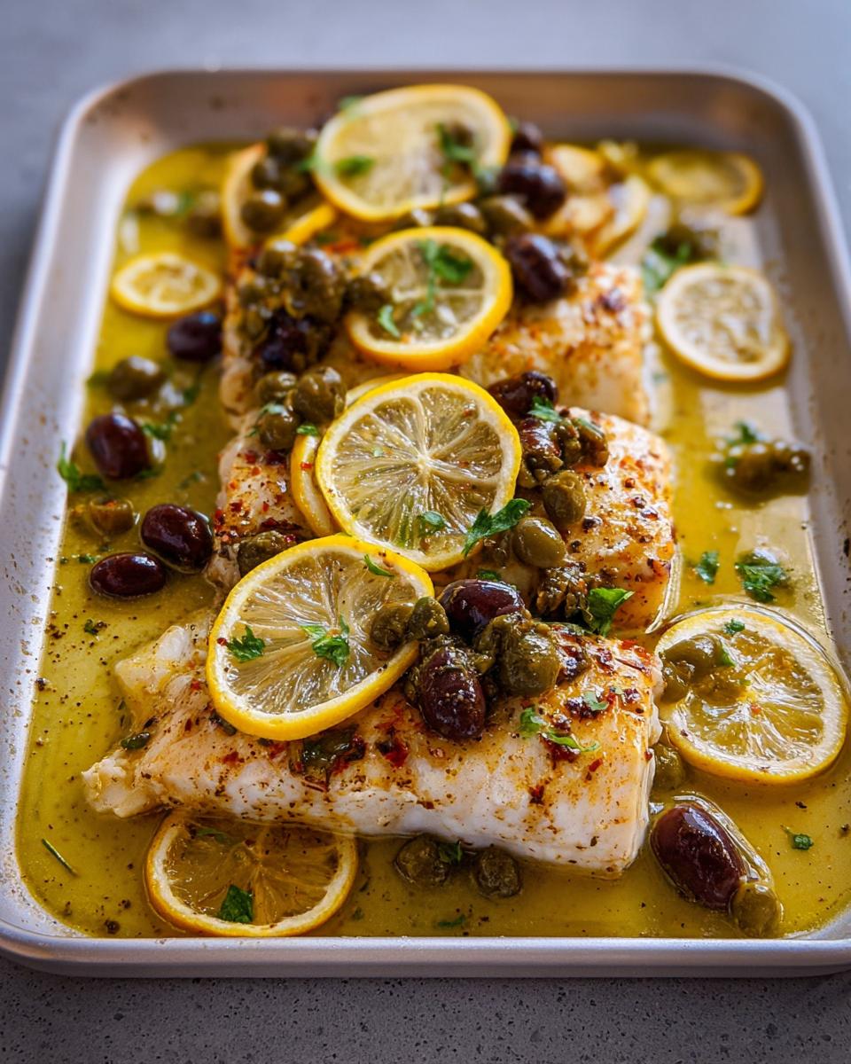 Lemon olive baked fish with capers and herbs in a baking dish, a genius veggie sides recipe idea.