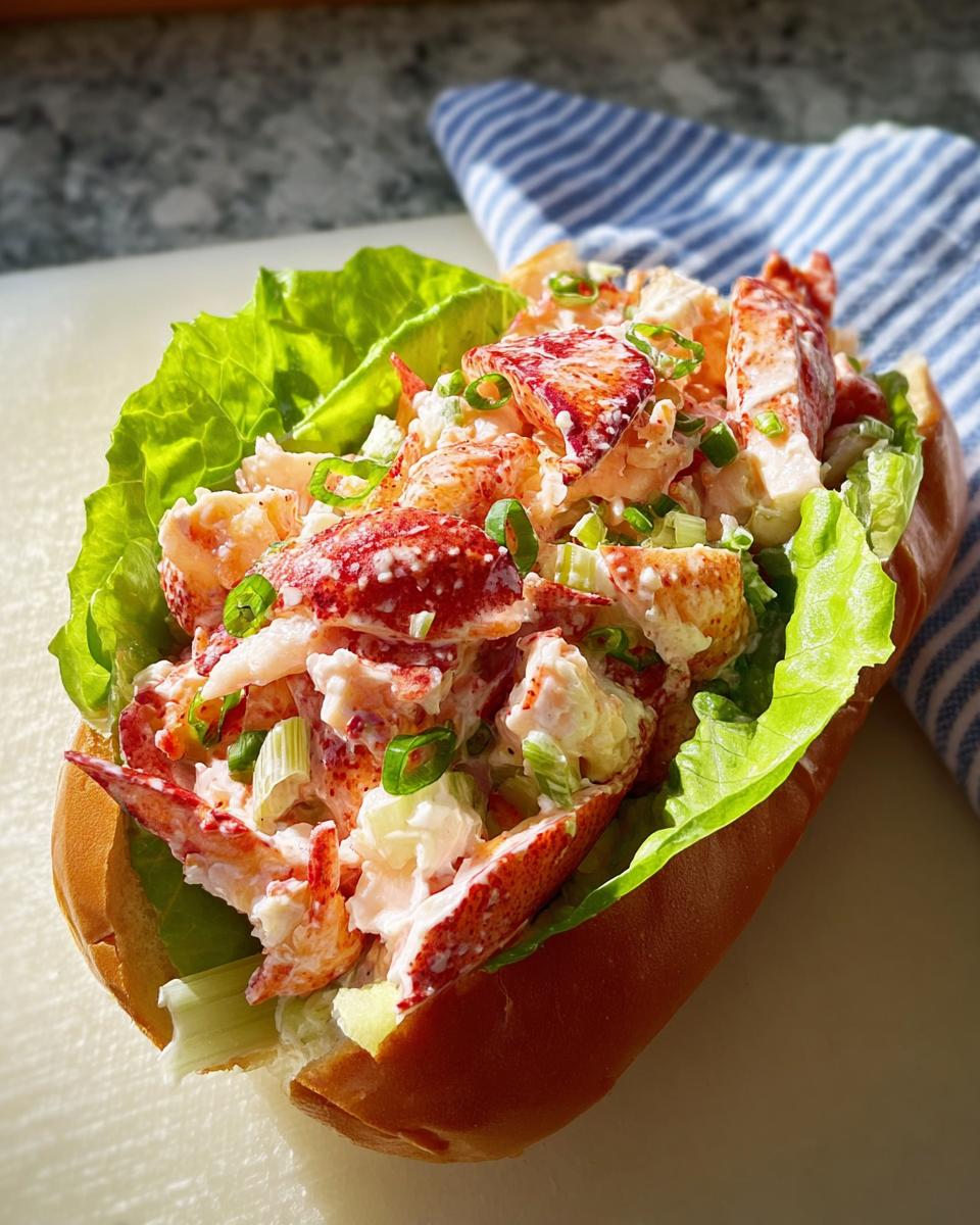 A delicious lobster roll sandwich filled with fresh lobster meat, celery, and green onions, served on a toasted bun.