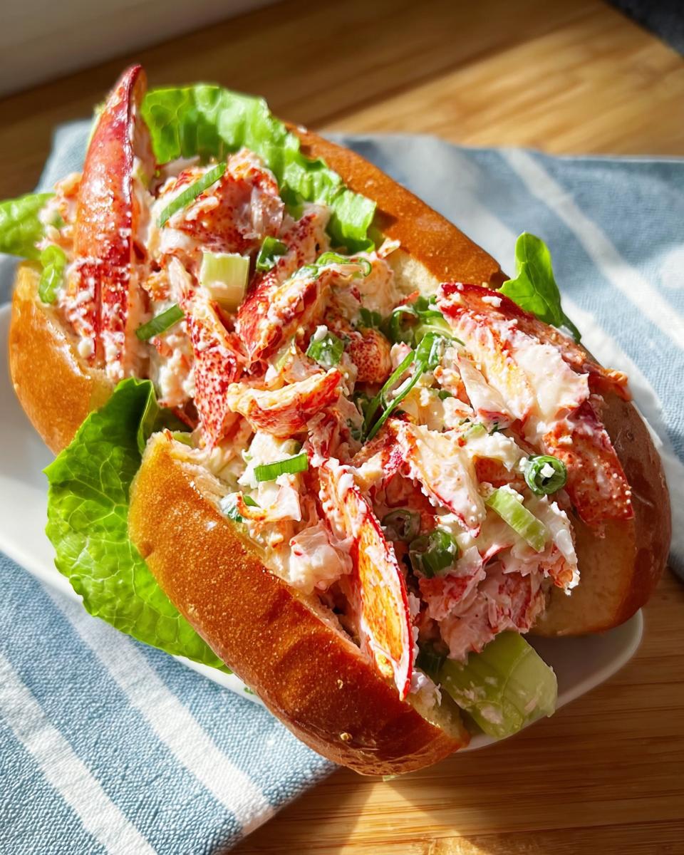 A fresh lobster roll sandwich filled with lobster meat, celery, and scallions, served on a toasted bun.