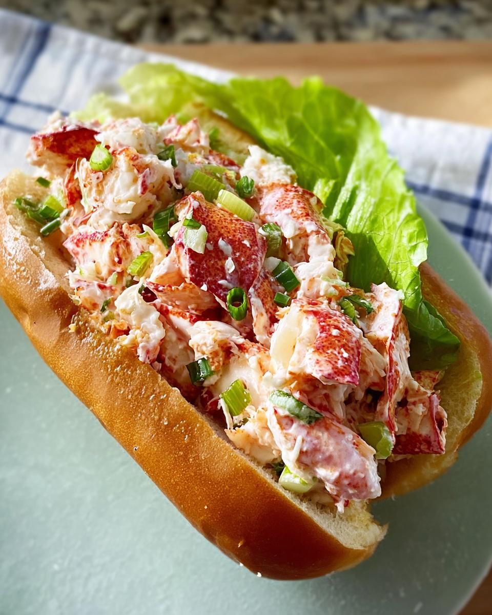 A close-up of a delicious lobster roll sandwich, filled with fresh lobster meat and green onions.