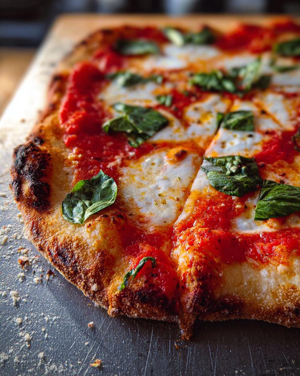 Close-up of a freshly baked Margherita pizza, featuring melted mozzarella, vibrant tomato sauce, and fresh basil leaves, perfect for pizza night.