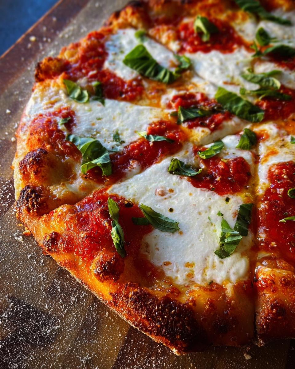Close-up of a freshly baked Margherita pizza with melted mozzarella, vibrant tomato sauce, and fresh basil leaves, perfect for pizza night recipes.