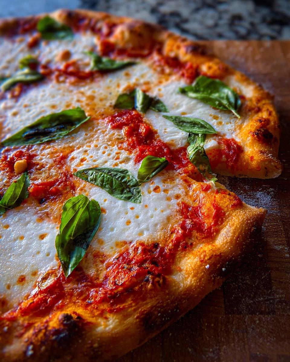 Close-up of a freshly baked Margherita pizza with melted mozzarella, tomato sauce, and basil leaves, perfect for pizza night.