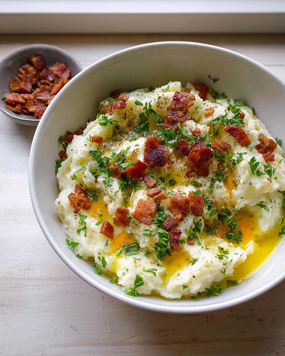 A bowl of fluffy mashed potatoes topped with crispy bacon bits, fresh parsley, and melted butter. Part of 10 Genius Mashed Potatoes Recipes Ideas for Busy Weeknights.