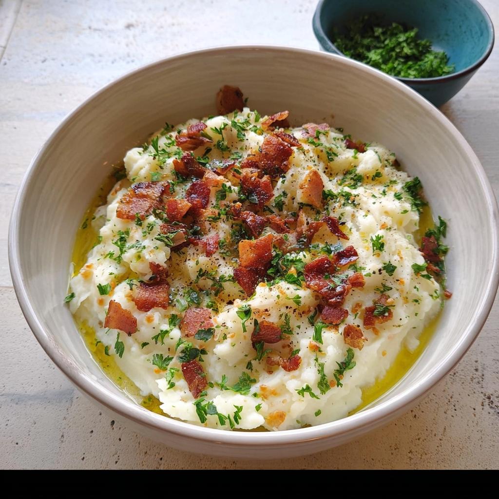 A bowl of creamy mashed potatoes topped with crispy bacon bits and fresh parsley, a perfect side dish for busy weeknights.