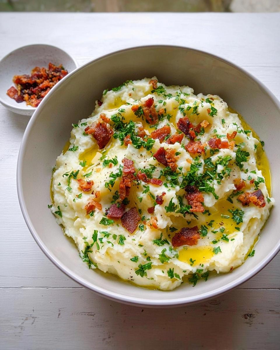 A bowl of creamy mashed potatoes topped with crispy bacon bits, fresh parsley, and melted butter. Part of 10 Genius Mashed Potatoes Recipes Ideas for Busy Weeknights.