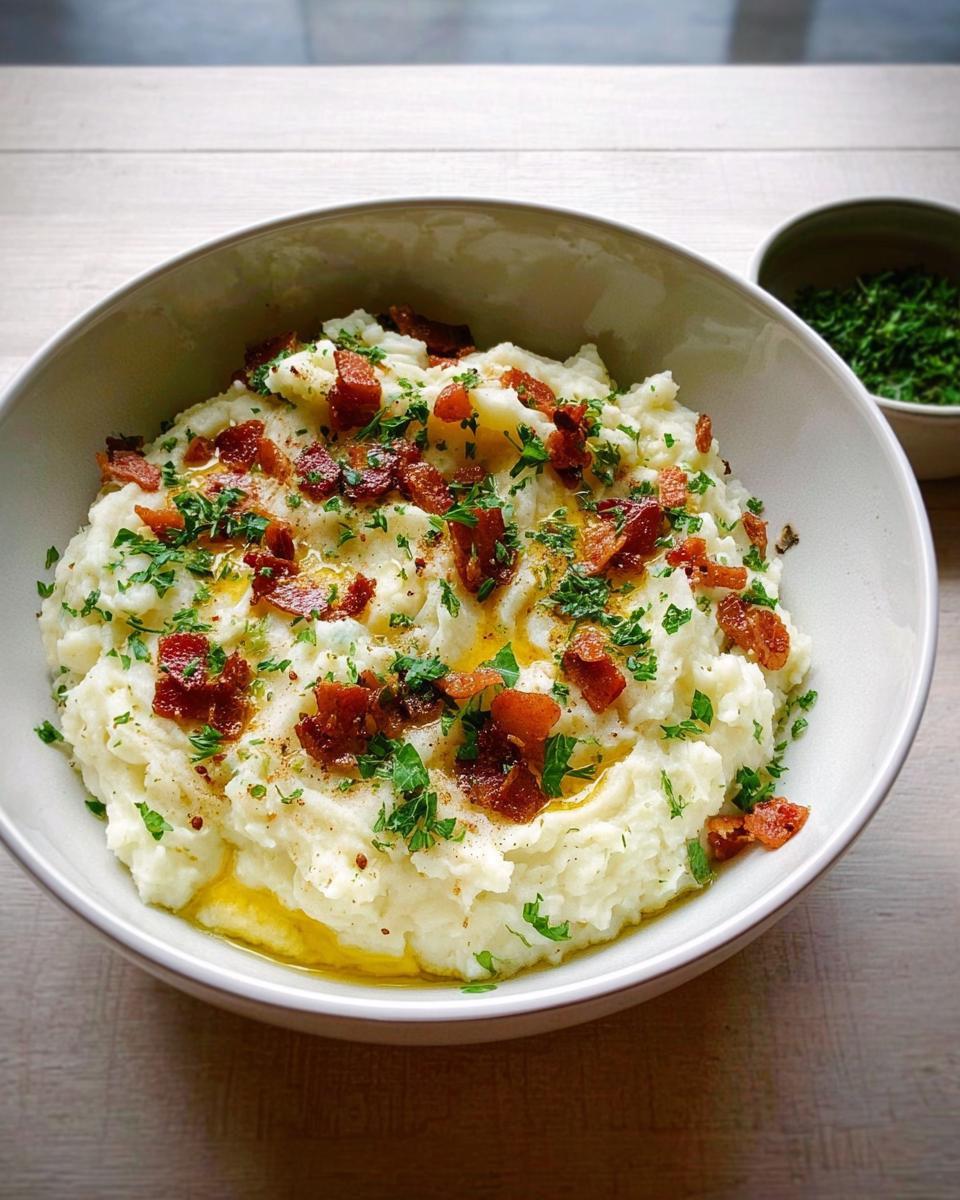 A bowl of fluffy mashed potatoes topped with crispy bacon bits and fresh parsley, a perfect side for any meal.