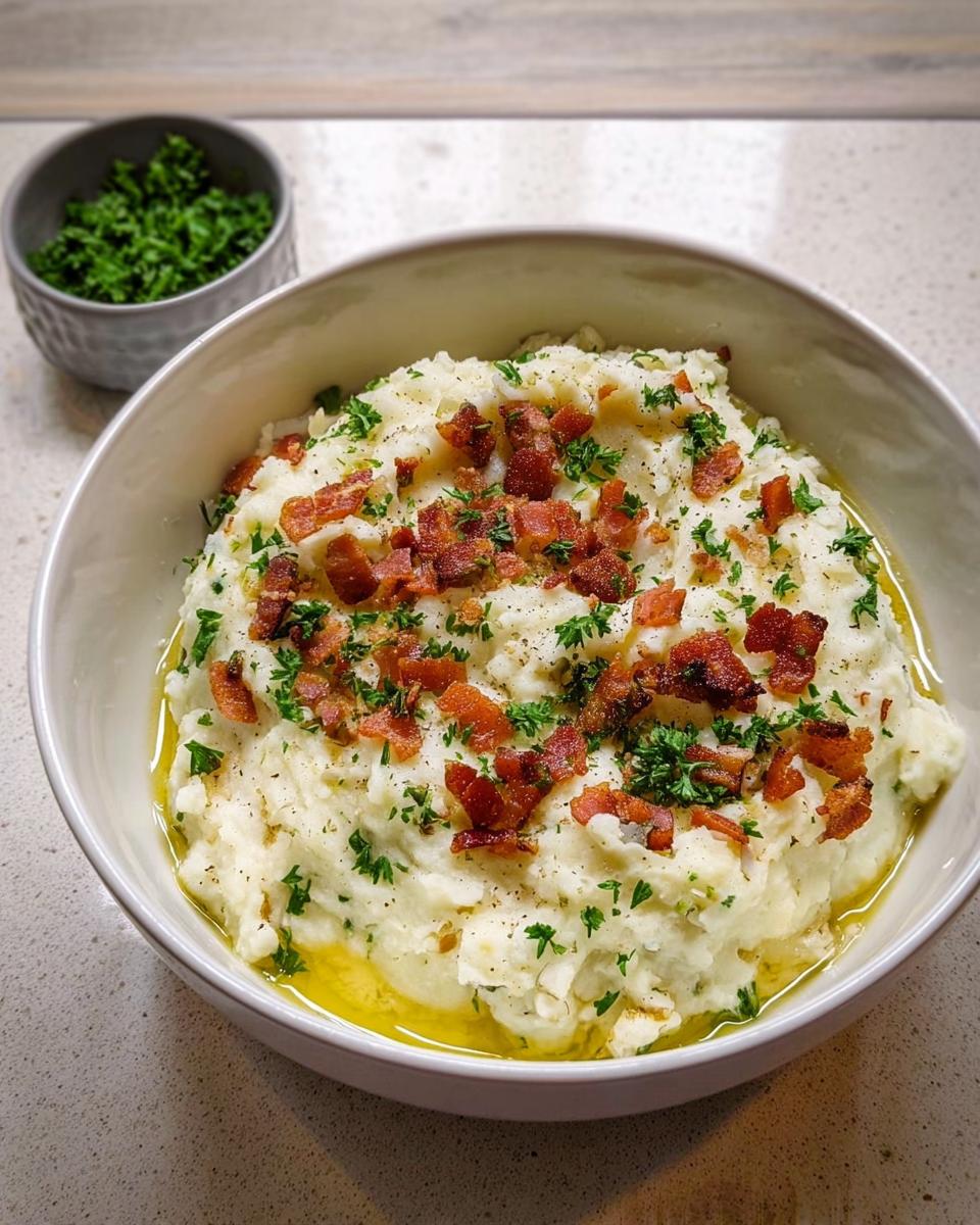 A bowl of creamy mashed potatoes topped with crispy bacon bits and fresh parsley. Part of 10 Genius Mashed Potatoes Recipes Ideas for Busy Weeknights.